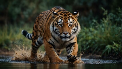 Obraz premium A large tiger walks through shallow water, its stripes clearly visible. Dark green background