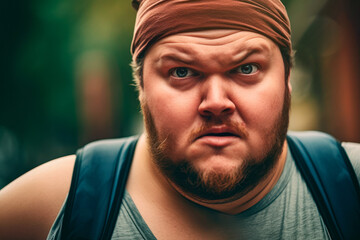 Overweight man with a bandana, close-up portrait showing intense determination and focus during an...