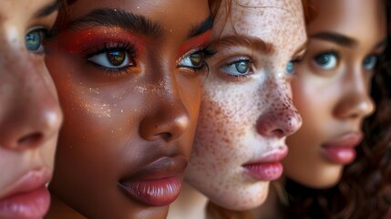 Collage background made from different portraits of beautiful interracial diverse beauty young females models.