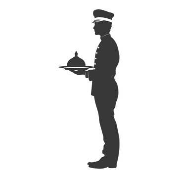 recommend clip art: silhouette bellboy hotel in action full body black color only