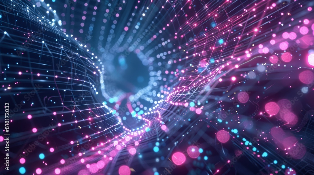 Aufkleber A swarm of glowing data points forming a vortex in the center of a futuristic metaverse city.