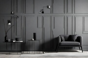 Grey wall panels and a black side table in minimalistic interior design composition