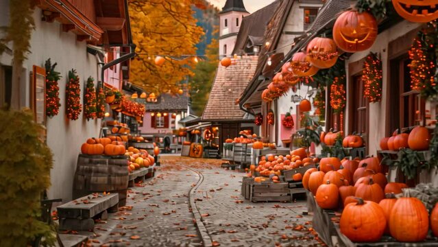A cobblestone street filled with pumpkins in a charming town square, A charming town square decorated with pumpkins and autumn wreaths