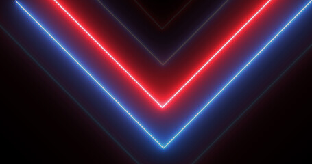 Neon arrows moving downwards illuminated neon light glowy background. Physics symmetry engineering technology cyber stage forward moving navigation arrows motion loop. Perspective matrix laser 3d.
