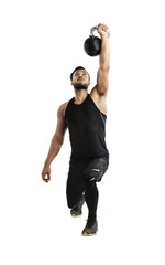 Man, kettlebell and training in studio with power, lunge and balance for ideas by white background. Person, athlete or bodybuilder with workout, exercise and fitness for healthy muscle development