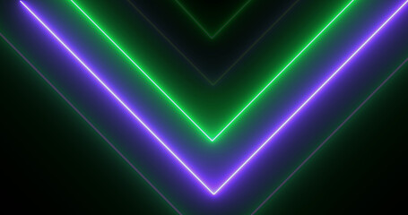 Naklejka premium Neon arrows moving downwards illuminated neon light glowy background. Physics symmetry engineering technology cyber stage forward moving navigation arrows motion loop. Perspective matrix laser 3d.