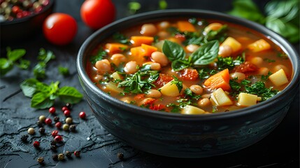 Hearty Homemade Vegetable Bean Soup, Rustic Vegan Stew with Fresh Herbs, Nutritious Minestrone Soup in Ceramic Bowl, Fresh Basil and Bean Soup for Healthy Diet, generative ai