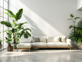 Sunny living room interior, green plants. Scandinavian style sofa.