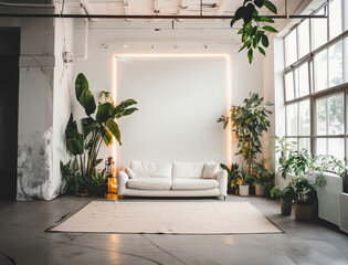 Empty modern loft style living room interior. Concrete wall green plants and sofa.
