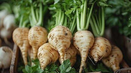 A close-up of freshly harvested parsnips with their greens.