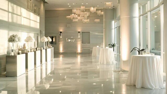 A chic and modern reception hall filled with tables and chairs for gatherings and events, A chic and modern reception hall with sleek minimalist decor