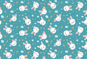 seamless pattern with rabbits and flowers.