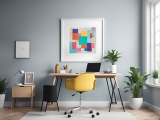  This is a mockup of an office with a blank white frame, presenting a colourful, contemporary mixed-media artwork design. 
