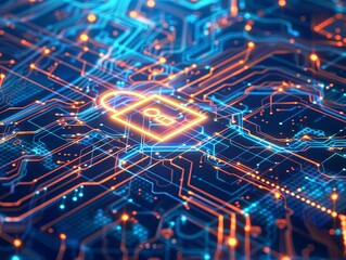 A hightech digital illustration featuring a glowing padlock icon at the center of a complex circuit board The background is filled with blue and orange digital elements