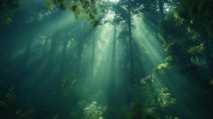 Obraz premium Sunlight filtering through the leaves of a redwood forest