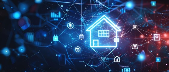 A surreal digital interface featuring a network of whimsical smart home icons connected by lines The central house icon glows with a magical aura