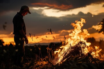 A man standing before a blazing fire, tending to the flames with a watchful gaze.