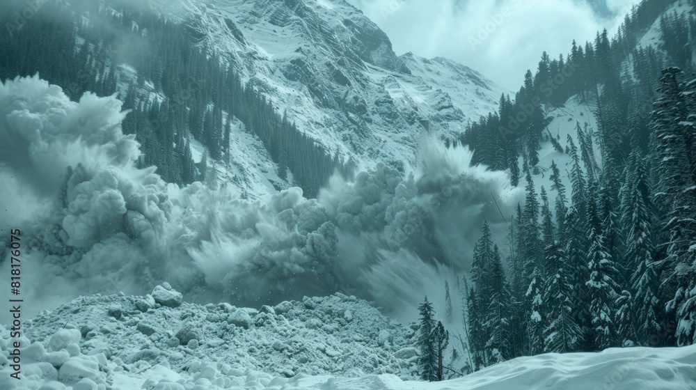 Poster the power of nature on display as the avalanche crashes through the mountains obstacles.