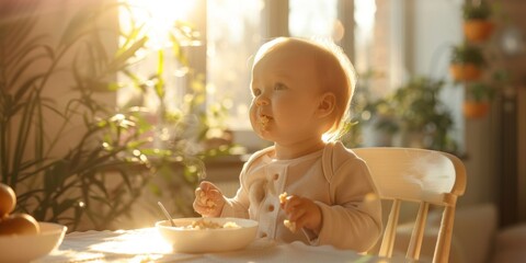 A small baby eats breakfast at a table in a sunny room. Generative AI