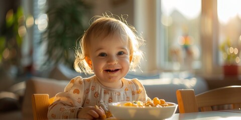 Little happy child eats porridge at the table in a sunny room. Generative AI