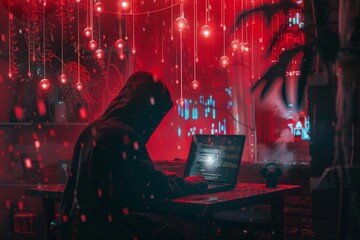 A surreal image of a hooded figure working on a laptop in a dimly lit room