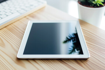 Tablet computer resting on a wooden desk, blending modern tech with traditional ambiance.
