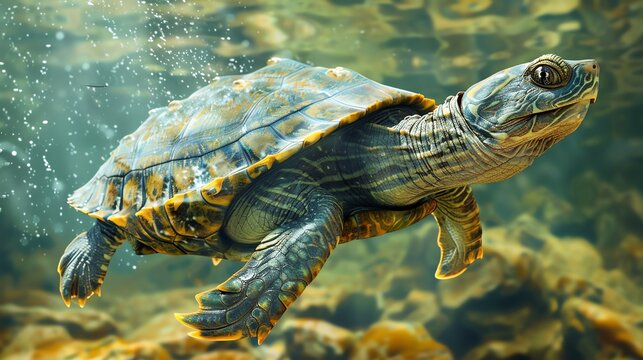 Illustrate the intricate patterns on the sleek, nimble Softshell turtles shell in stunning detail, showcasing its effortless movement through a vibrant underwater world