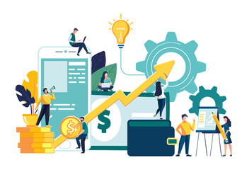 Vector illustration of virtual business assistant.Business people, team.Flat icon on smartphone combined all accounts, money, investment management cards.Graphic design business vector, mobile banking