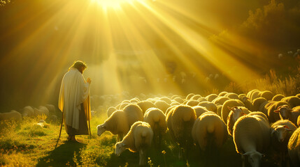 Man Leading Herd of Sheep, Shepherd Praying
