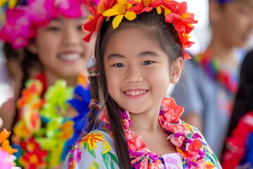 A joyful group of diverse young girls are wearing bright and colorful leis around their necks.