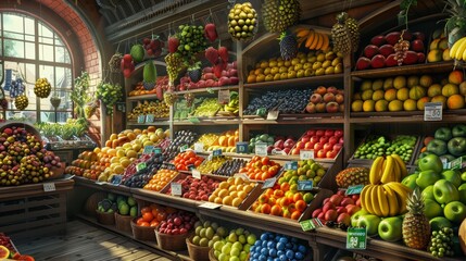 Fototapeta premium Generate a visual narrative of a bustling fruit store