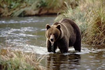 A large brown bear confidently walks across a rushing river in search of prey.