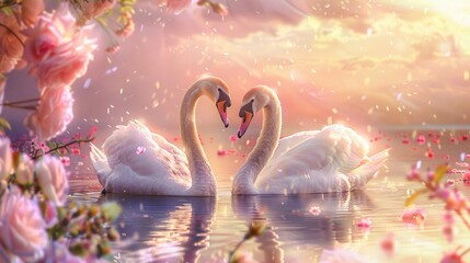 two swans in the lake with rose flowers, swans couple, beautiful romantic fantasy art, fantasy magical enchanted fairy tale landscape