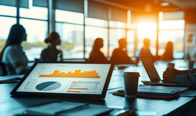 Close-up of business charts and data on digital tablet lying on the desk with office workers interacting in meeting in the background