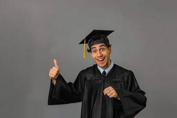 A man in a graduation cap and gown enthusiastically gives a thumbs up gesture.