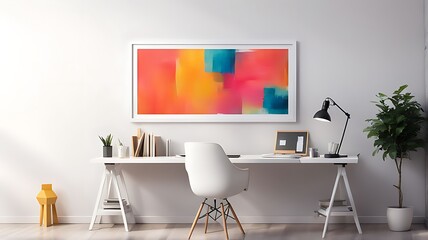  This is a mockup of an office with a blank white frame, presenting a colourful, contemporary mixed-media artwork design. 