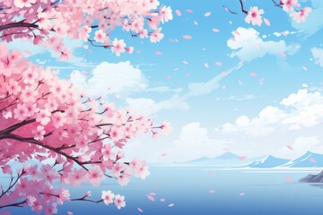 Spring trip campaign banner material cherry blossoms and blue sky. Generative AI
