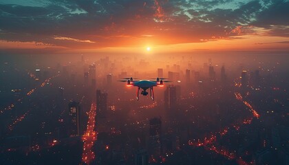 Naklejka premium A drone with a camera flying over the city, remote control aerial photography of the cityscape background, the urban skyline, with a wide angle lens. Generative AI
