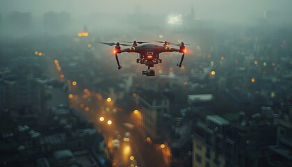 A drone with a camera flying over the city, remote control aerial photography of the cityscape background, the urban skyline, with a wide angle lens. Generative AI