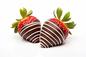 Two sweet strawberries covered in chocolate on white background. Generative AI