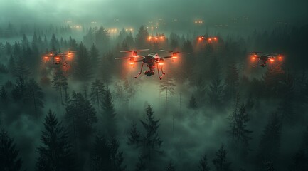 A drone with cameras and lights flying over the forest at night, creating an eerie atmosphere. Generative AI