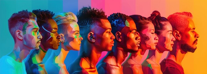 Side profiles of individuals from various races, each marked with distinctive LGBTQ+ symbols like neck tattoos or ear piercings, positioned over a background of abstract shapes representing inclusion