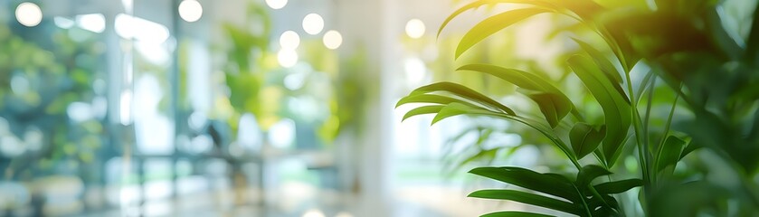 Fototapeta premium business background glass blurred, green plants, Co working space