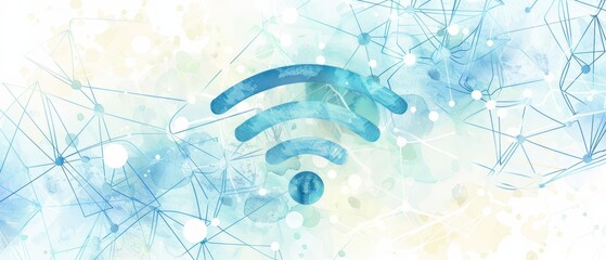 Obraz premium A watercolor clipart of a glowing WiFi symbol set against a simplified network grid background The grid features abstract
