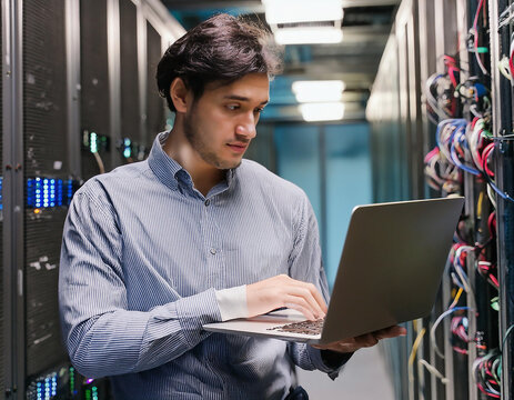 Ingegnere informatico che lavora su laptop in una sala server