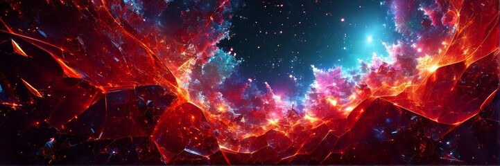 A banner of an abstract universe filled with shining, transformative red hues, smashed to smithereens.