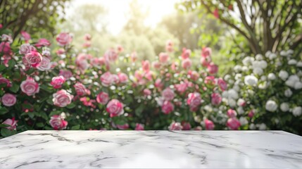 Naklejka premium Pure white marble display table with a romantic bokeh effect from a rose garden in the background, ideal for high-end product mockups