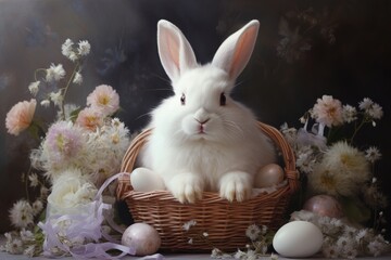 Awhite bunny sits in a basket with eggs and flowers. Generative AI
