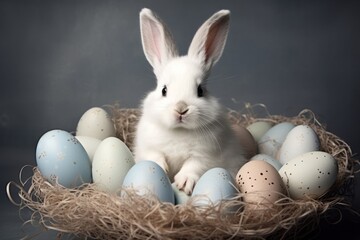 Easter bunny sits in a basket with eggs. Generative AI