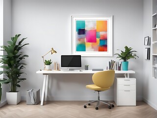  This is a mockup of an office with a blank white frame, presenting a colourful, contemporary mixed-media artwork design. 